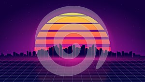 Retro futuristic night cityscape. Retrowave and synthwave style illustration of night city skyline. Retro poster, banner. Vector